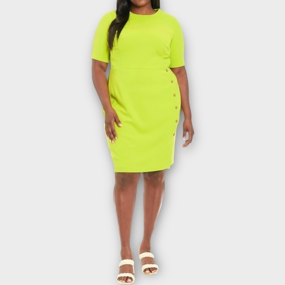 London Times Green Sheath Dress Crew Neck Short Sleeve 24W